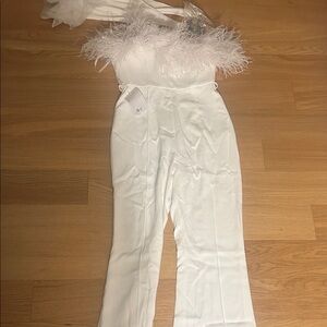 Feather-Trim White Strapless Jumpsuit